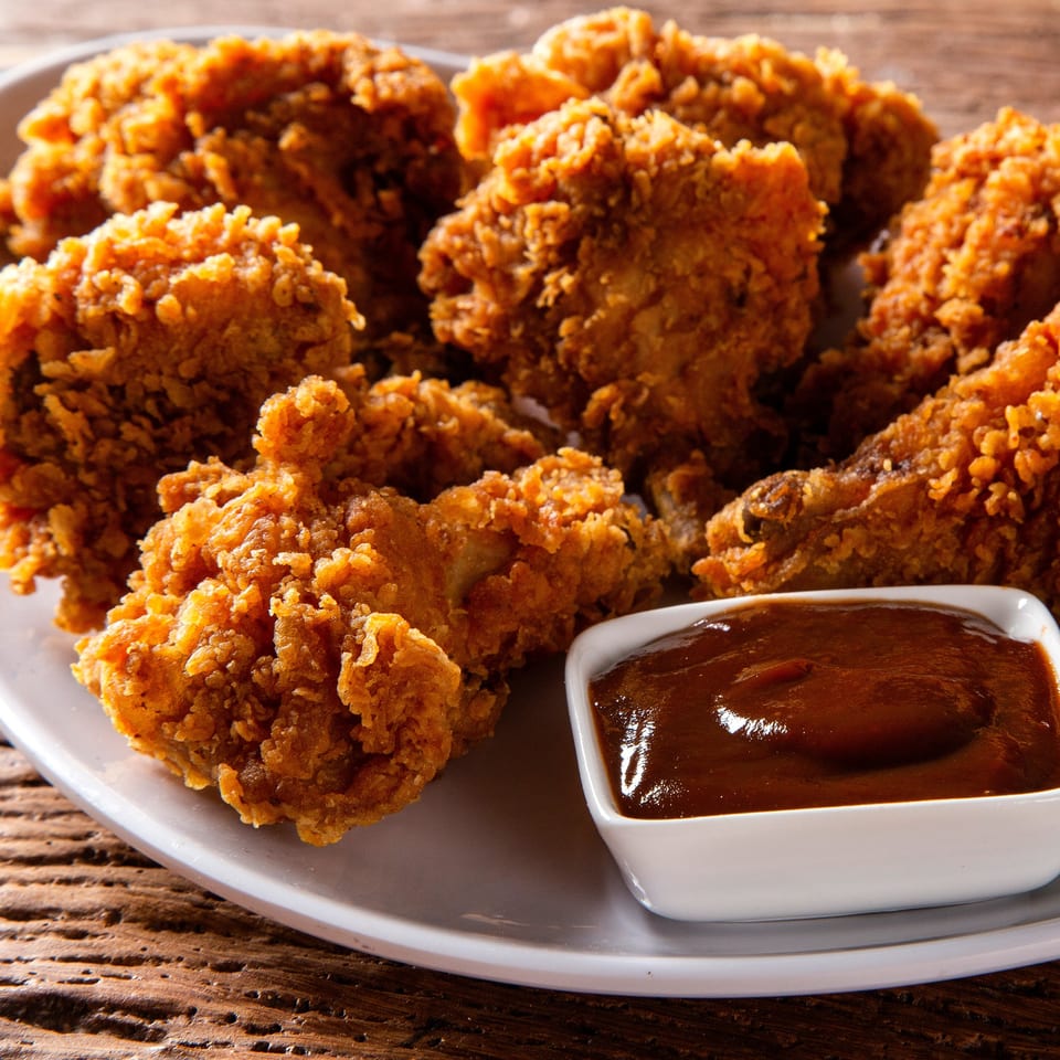 Crispy fried chicken pieces on a white plate with a side of barbecue sauce.
