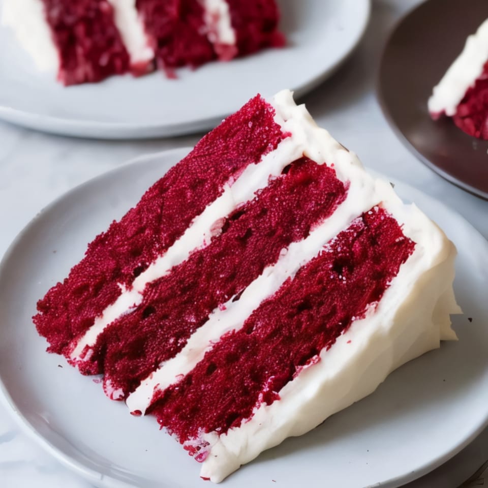 A slice of red velvet cake with white frosting on a light gray plate.