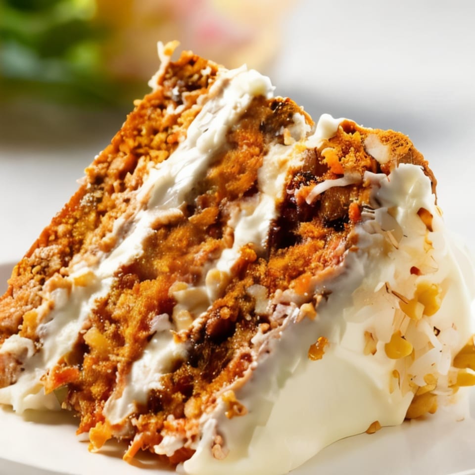 A slice of carrot cake with white cream cheese frosting and chopped nuts on a white plate.