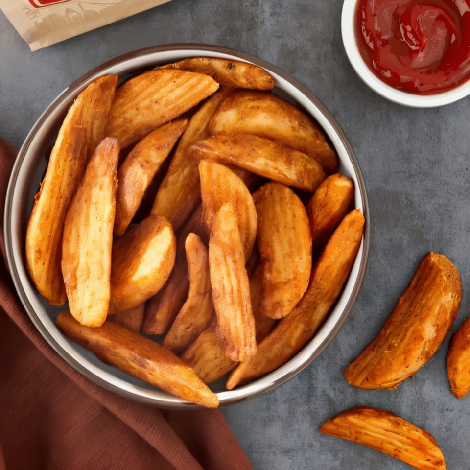 A bowl of golden-brown potato wedges with a side of ketchup on a dark gray surface.