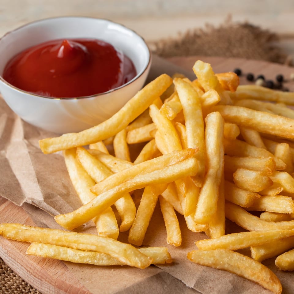 Golden french fries piled on brown paper with a white bowl of ketchup on a wooden board.